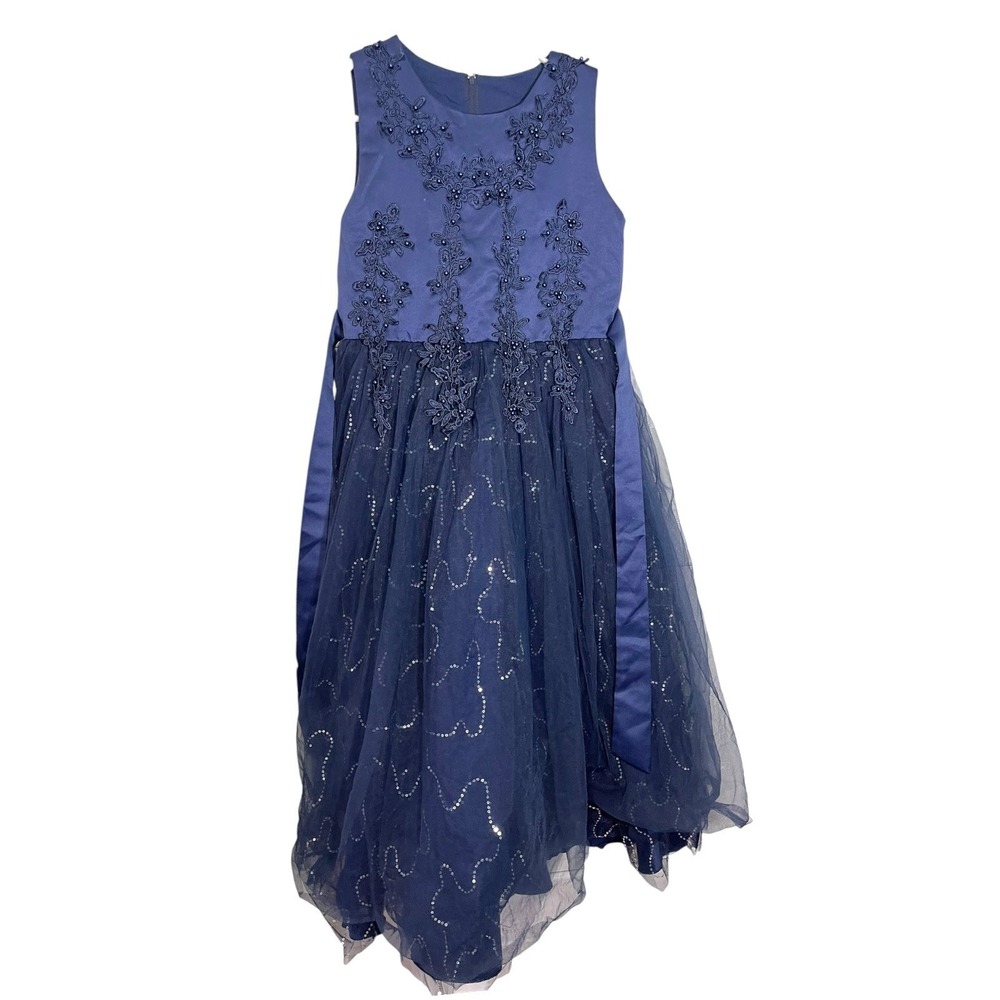 Girls Navy Blue Tulle Gown Pearl Lace Sequin Flower Girl Princesscore Party